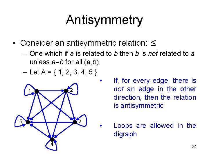 Antisymmetry • Consider an antisymmetric relation: ≤ – One which if a is related