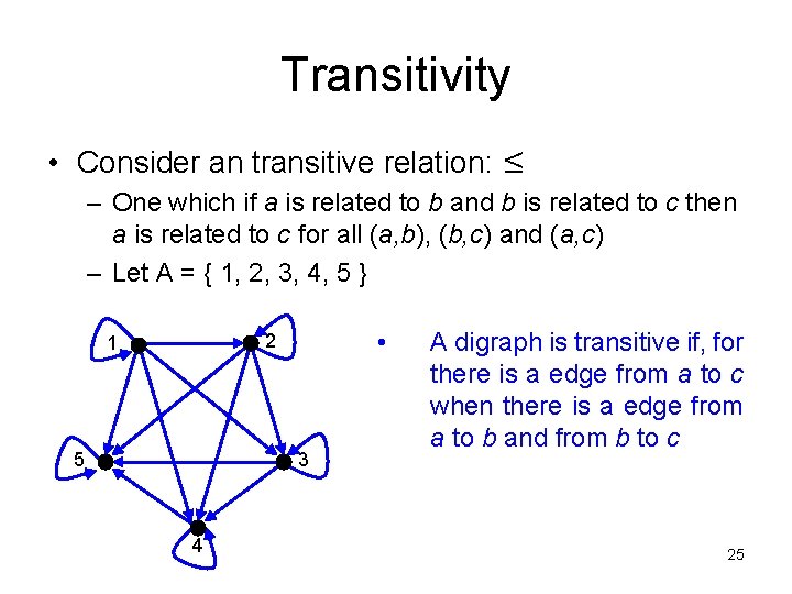 Transitivity • Consider an transitive relation: ≤ – One which if a is related