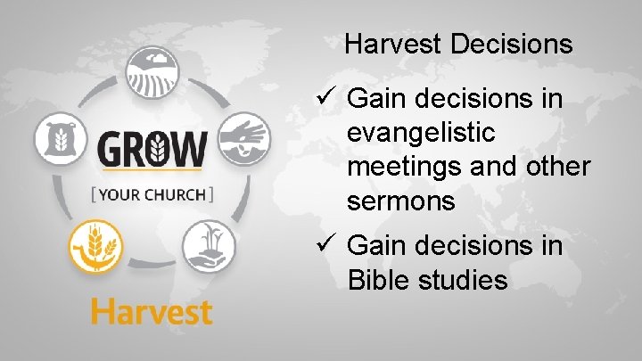 Harvest Decisions ü Gain decisions in evangelistic meetings and other sermons ü Gain decisions