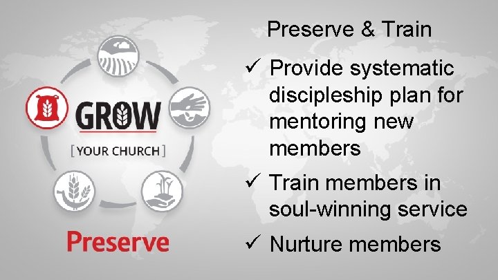 Preserve & Train ü Provide systematic discipleship plan for mentoring new members ü Train