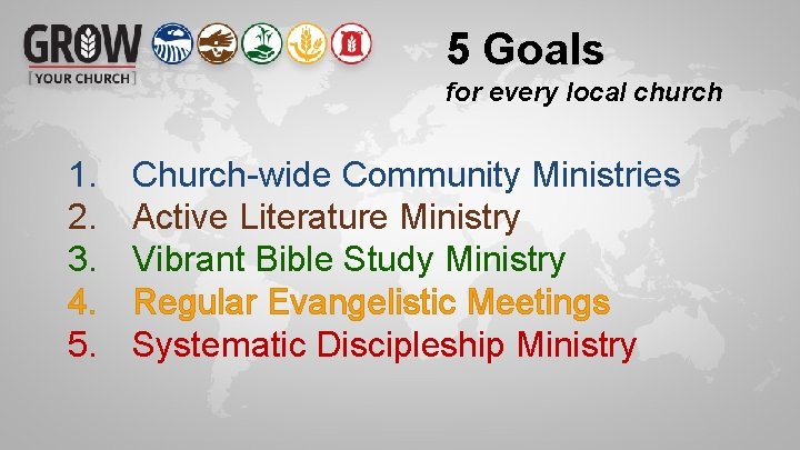 5 Goals for every local church 1. 2. 3. 4. 5. Church-wide Community Ministries