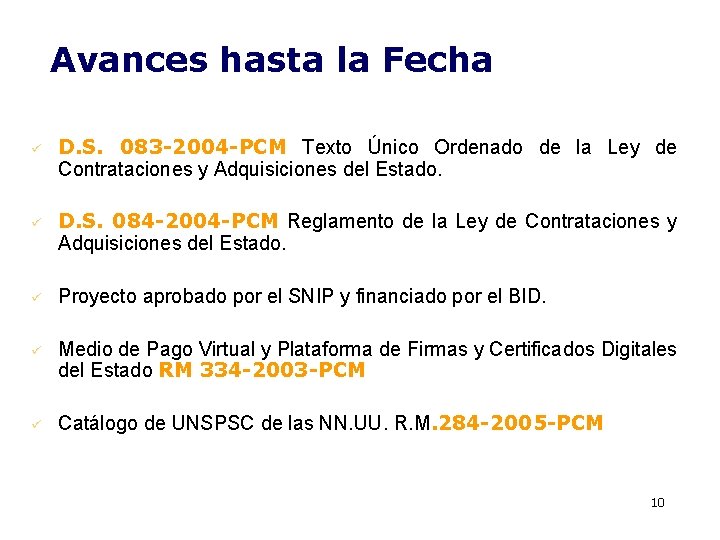 Avances hasta la Fecha ü ü D. S. 083 -2004 -PCM Texto Único Ordenado