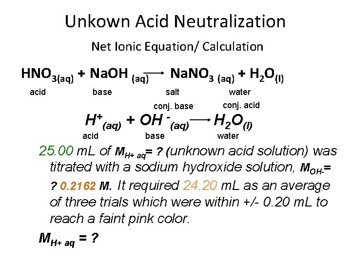 Unkown Acid Neutralization Net Ionic Equation/ Calculation HNO 3(aq) + Na. OH (aq) acid