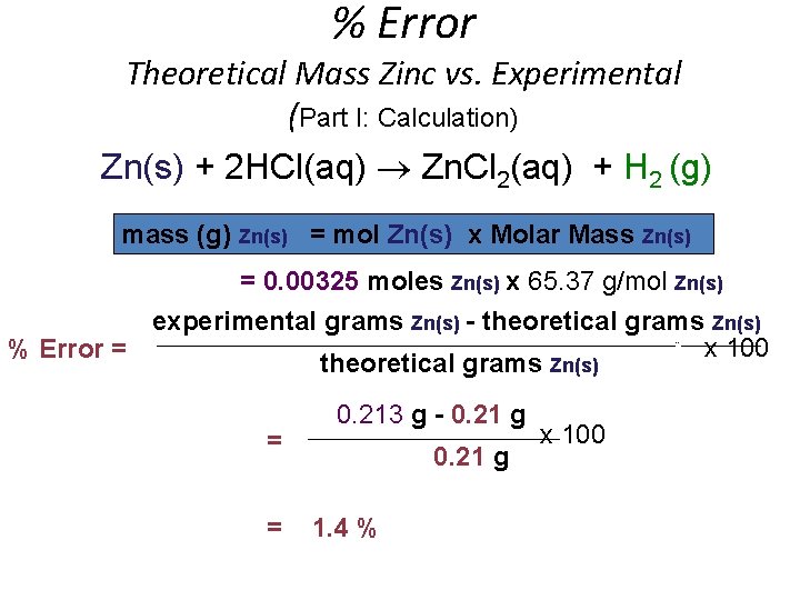 % Error Theoretical Mass Zinc vs. Experimental (Part I: Calculation) Zn(s) + 2 HCl(aq)