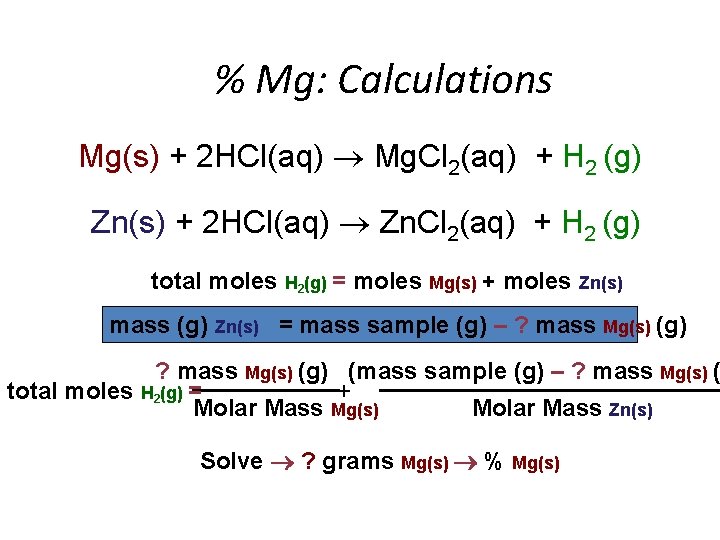 % Mg: Calculations Mg(s) + 2 HCl(aq) Mg. Cl 2(aq) + H 2 (g)