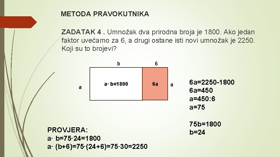  METODA PRAVOKUTNIKA ZADATAK 4. Umnožak dva prirodna broja je 1800. Ako jedan faktor