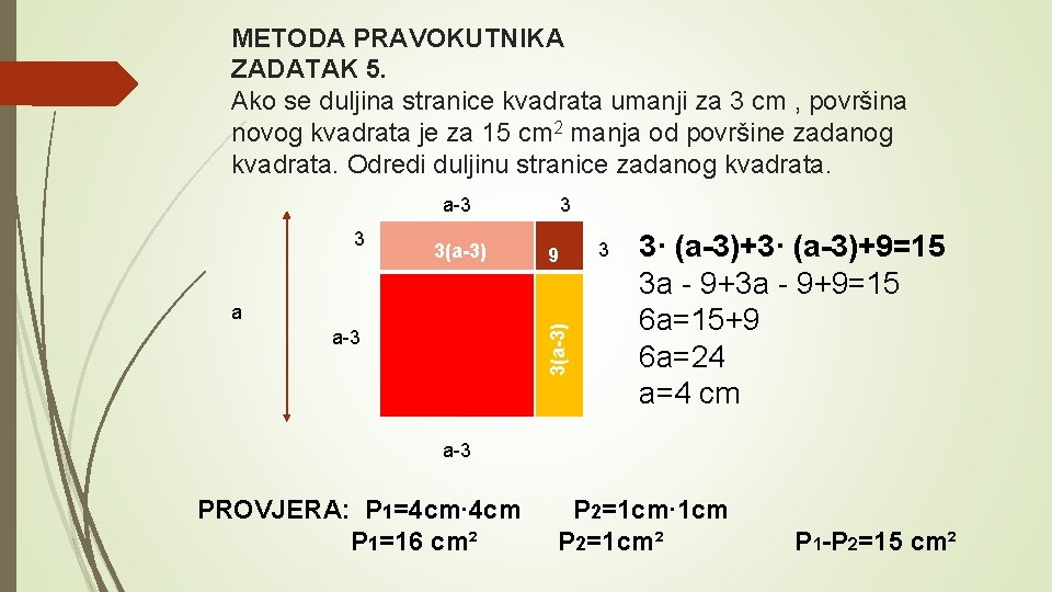 METODA PRAVOKUTNIKA ZADATAK 5. Ako se duljina stranice kvadrata umanji za 3 cm ,