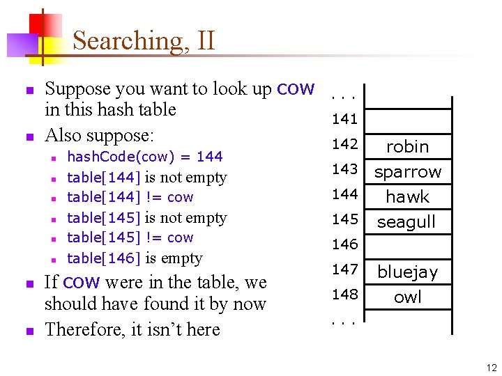 Searching, II n n Suppose you want to look up cow in this hash