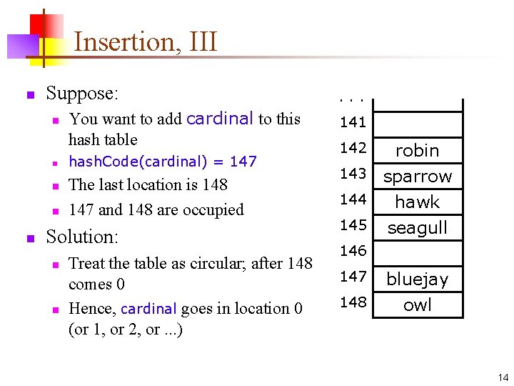 Insertion, III n Suppose: n n n You want to add cardinal to this