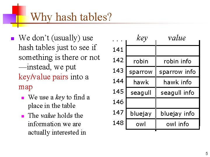 Why hash tables? n We don’t (usually) use hash tables just to see if