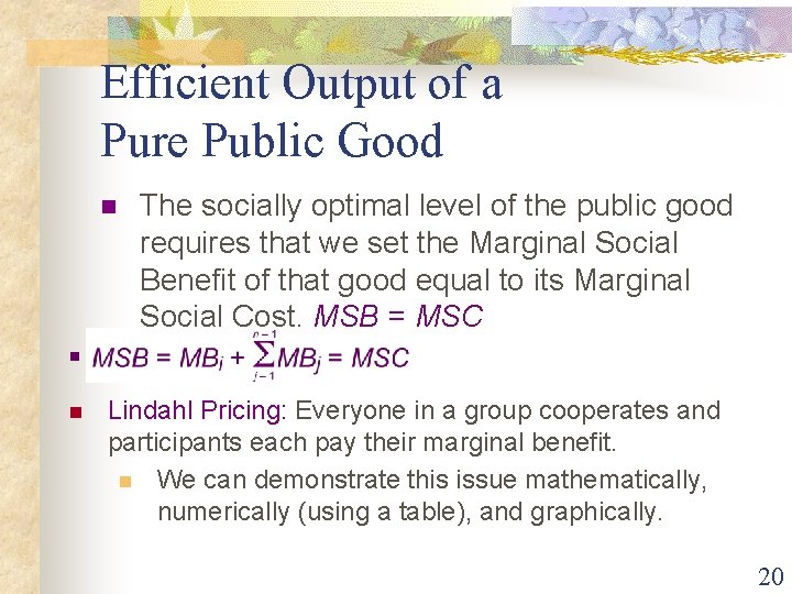 Efficient Output of a Pure Public Good n The socially optimal level of the