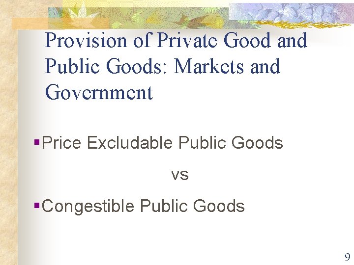 Provision of Private Good and Public Goods: Markets and Government §Price Excludable Public Goods