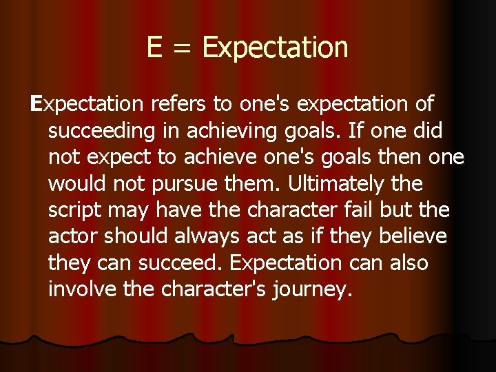 E = Expectation refers to one's expectation of succeeding in achieving goals. If one