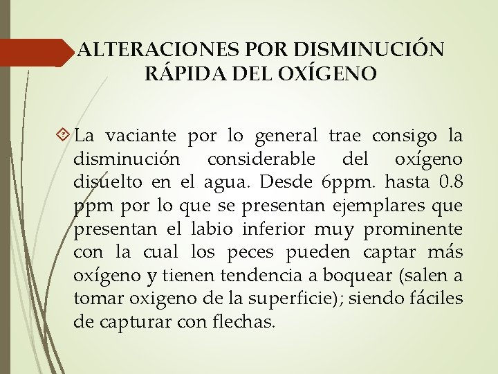 ALTERACIONES POR DISMINUCIÓN RÁPIDA DEL OXÍGENO La vaciante por lo general trae consigo la