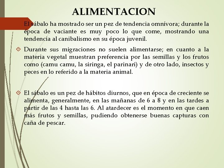 ALIMENTACION El sábalo ha mostrado ser un pez de tendencia omnívora; durante la época