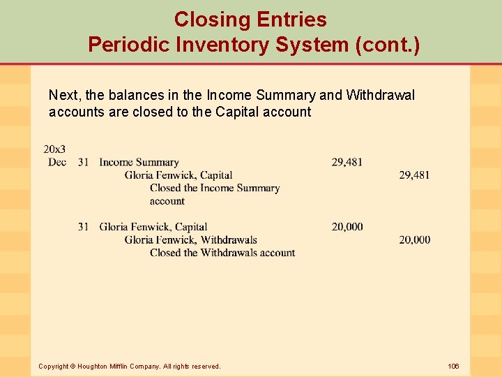 Closing Entries Periodic Inventory System (cont. ) Next, the balances in the Income Summary