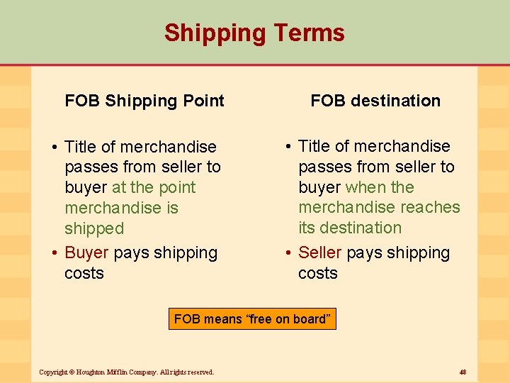 Shipping Terms FOB Shipping Point • Title of merchandise passes from seller to buyer