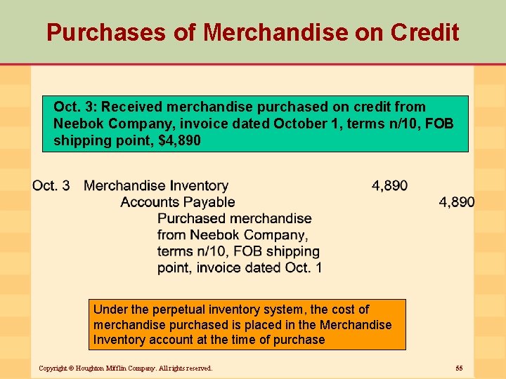 Purchases of Merchandise on Credit Oct. 3: Received merchandise purchased on credit from Neebok