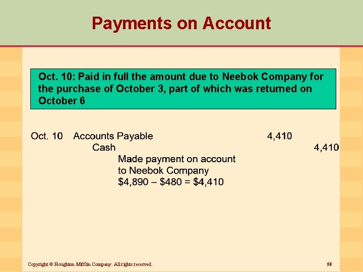 Payments on Account Oct. 10: Paid in full the amount due to Neebok Company
