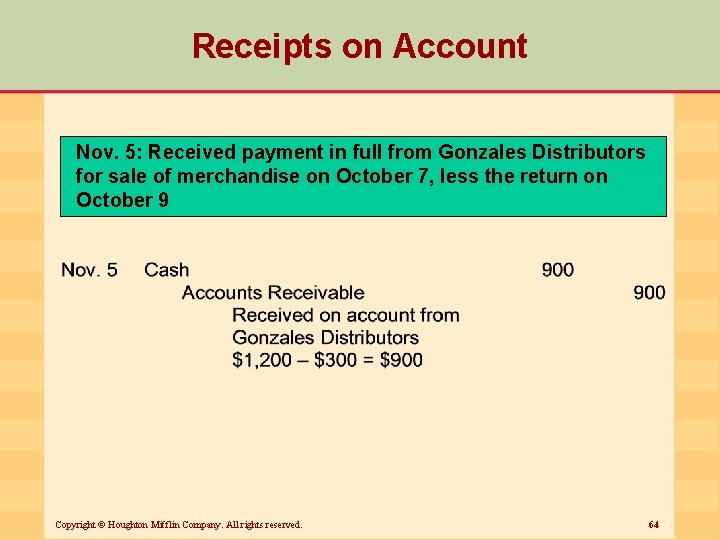 Receipts on Account Nov. 5: Received payment in full from Gonzales Distributors for sale