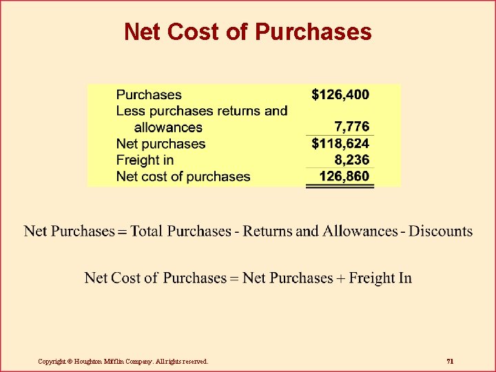 Net Cost of Purchases Copyright © Houghton Mifflin Company. All rights reserved. 71 