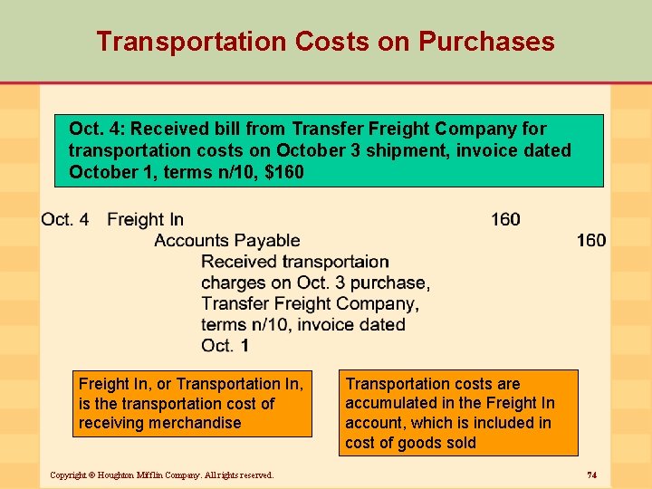 Transportation Costs on Purchases Oct. 4: Received bill from Transfer Freight Company for transportation