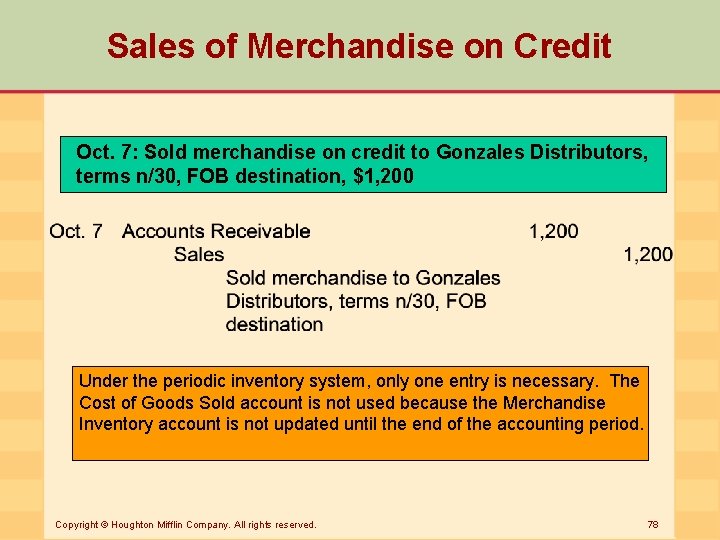 Sales of Merchandise on Credit Oct. 7: Sold merchandise on credit to Gonzales Distributors,