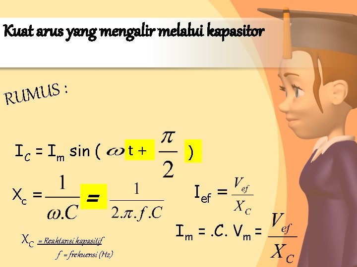 Kuat arus yang mengalir melalui kapasitor : S U RUM IC = Im sin