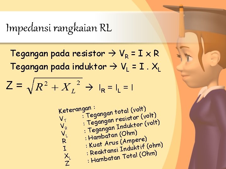 Impedansi rangkaian RL Tegangan pada resistor VR = I x R Tegangan pada induktor