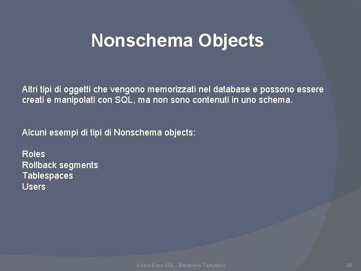 Nonschema Objects Altri tipi di oggetti che vengono memorizzati nel database e possono essere