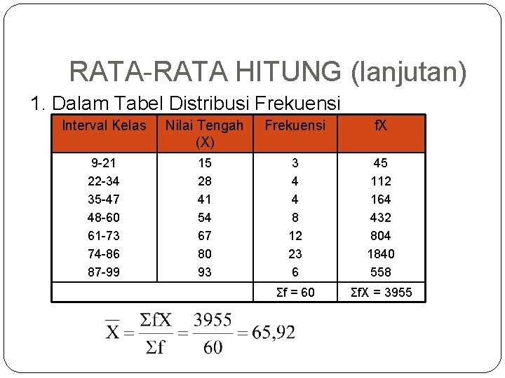 RATA-RATA HITUNG (lanjutan) 1. Dalam Tabel Distribusi Frekuensi Interval Kelas Nilai Tengah (X) Frekuensi