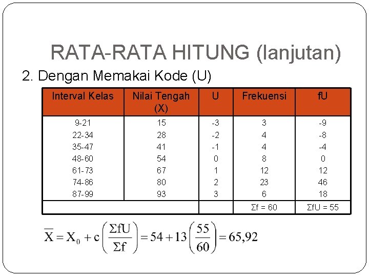 RATA-RATA HITUNG (lanjutan) 2. Dengan Memakai Kode (U) Interval Kelas Nilai Tengah (X) U