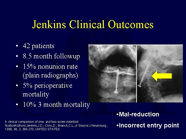 Jenkins Clinical Outcomes • 42 patients • 8. 5 month followup • 15% nonunion