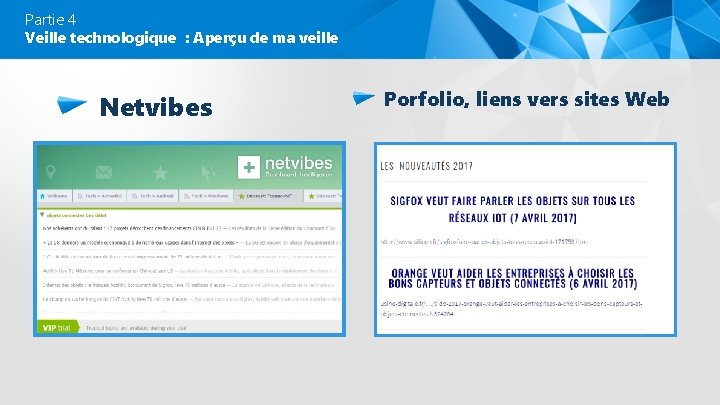 Partie 4 Veille technologique : Aperçu de ma veille Netvibes Porfolio, liens vers sites