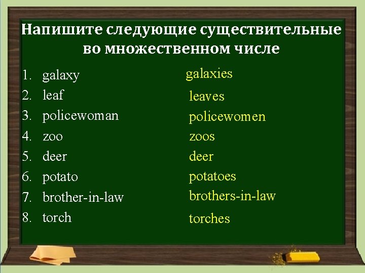 Напишите следующие существительные во множественном числе 1. 2. 3. 4. 5. 6. 7. 8. Напишите следующие существительные во множественном числе 1. 2. 3. 4. 5. 6. 7. 8.