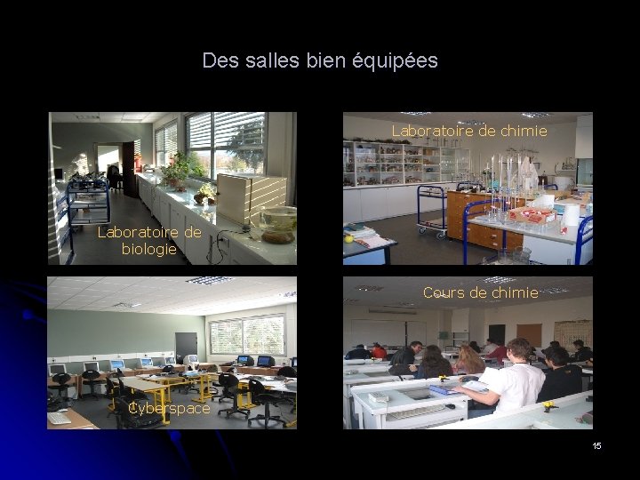 Des salles bien équipées Laboratoire de chimie Laboratoire de biologie Cours de chimie Cyberspace