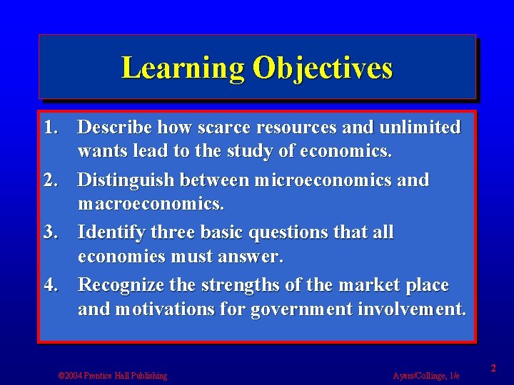 Learning Objectives 1. Describe how scarce resources and unlimited wants lead to the study