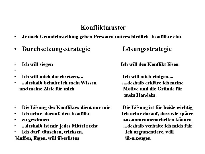 Konfliktmuster • Je nach Grundeinstellung gehen Personen unterschiedlich Konflikte ein: • Durchsetzungsstrategie Lösungsstrategie •