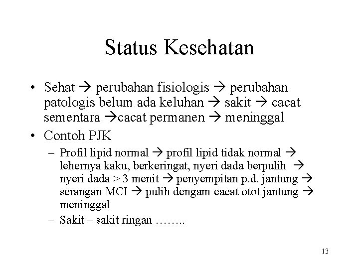 Status Kesehatan • Sehat perubahan fisiologis perubahan patologis belum ada keluhan sakit cacat sementara