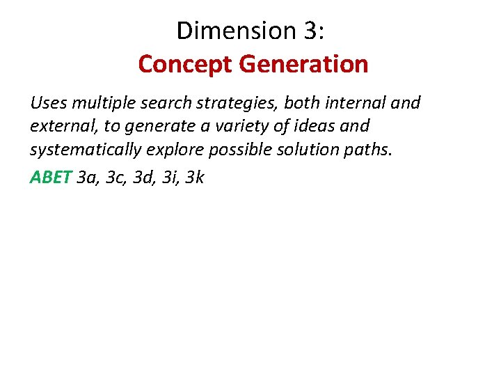 Dimension 3: Concept Generation Uses multiple search strategies, both internal and external, to generate