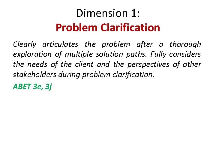 Dimension 1: Problem Clarification Clearly articulates the problem after a thorough exploration of multiple