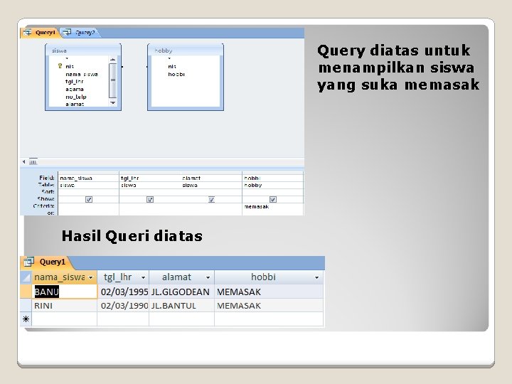 Query diatas untuk menampilkan siswa yang suka memasak Hasil Queri diatas 