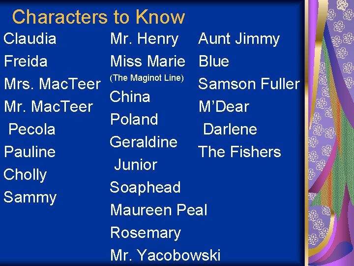 Characters to Know Claudia Freida Mrs. Mac. Teer Mr. Mac. Teer Pecola Pauline Cholly