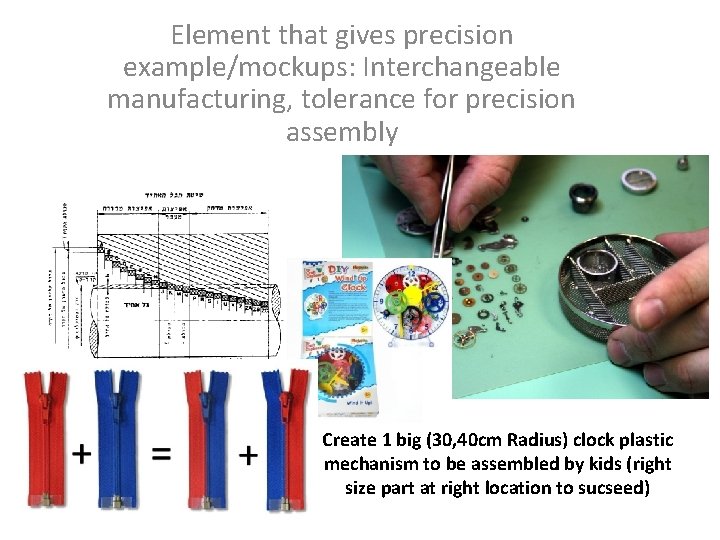 Element that gives precision example/mockups: Interchangeable manufacturing, tolerance for precision assembly Create 1 big