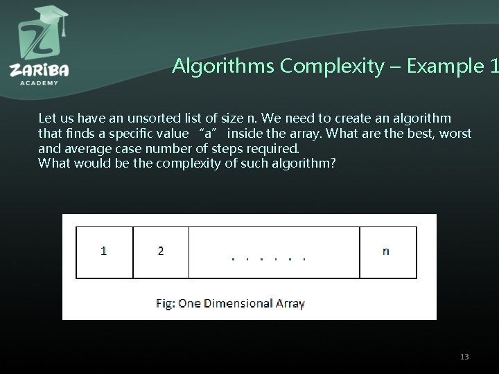 Algorithms Complexity – Example 1 Let us have an unsorted list of size n. Algorithms Complexity – Example 1 Let us have an unsorted list of size n.