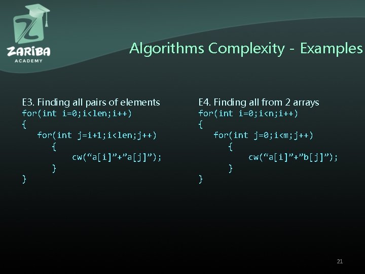 Algorithms Complexity - Examples E 3. Finding all pairs of elements for(int i=0; i<len; Algorithms Complexity - Examples E 3. Finding all pairs of elements for(int i=0; i<len;