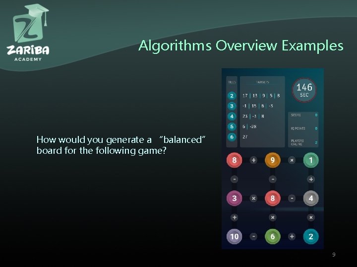 Algorithms Overview Examples How would you generate a “balanced” board for the following game? Algorithms Overview Examples How would you generate a “balanced” board for the following game?