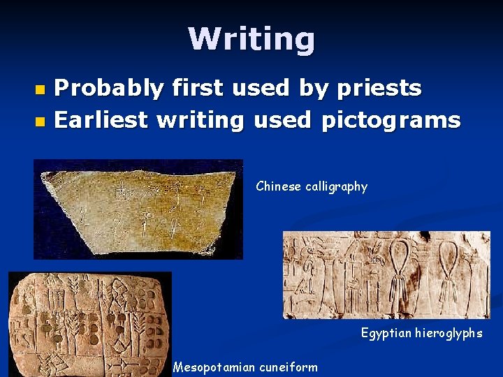 Writing Probably first used by priests n Earliest writing used pictograms n Chinese calligraphy