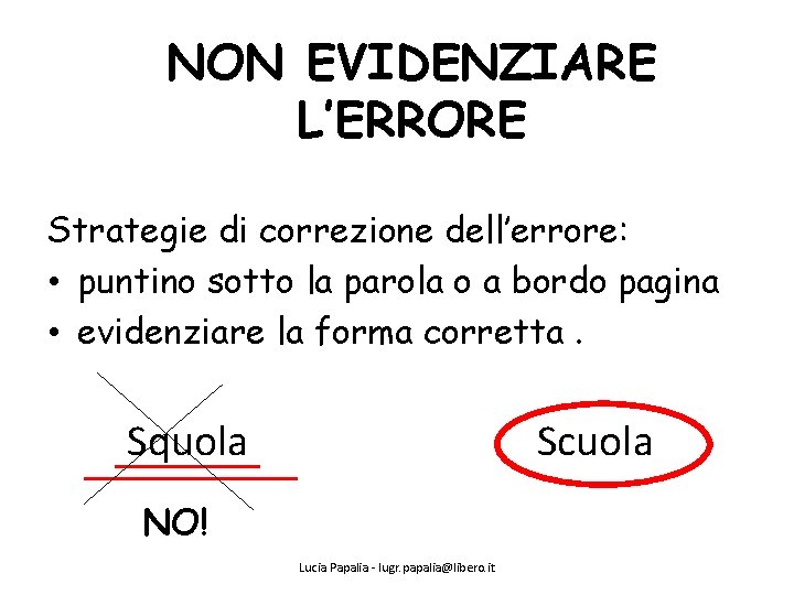 NON EVIDENZIARE L’ERRORE Strategie di correzione dell’errore: • puntino sotto la parola o a