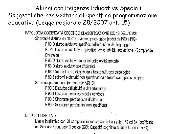 Alunni con Esigenze Educative Speciali Soggetti che necessitano di specifica programmazione educativa (Legge regionale